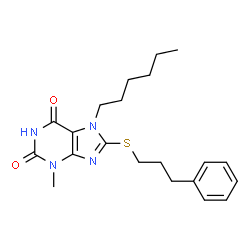 ChemSpider 2D Image | 7-Hexyl-3-methyl-8-[(3-phenylpropyl)sulfanyl]-3,7-dihydro-1H-purine-2,6-dione | C21H28N4O2S
