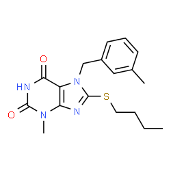 ChemSpider 2D Image | 8-(Butylsulfanyl)-3-methyl-7-(3-methylbenzyl)-3,7-dihydro-1H-purine-2,6-dione | C18H22N4O2S