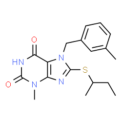 ChemSpider 2D Image | 8-(sec-Butylsulfanyl)-3-methyl-7-(3-methylbenzyl)-3,7-dihydro-1H-purine-2,6-dione | C18H22N4O2S