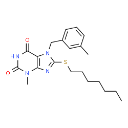 ChemSpider 2D Image | 8-(Heptylsulfanyl)-3-methyl-7-(3-methylbenzyl)-3,7-dihydro-1H-purine-2,6-dione | C21H28N4O2S