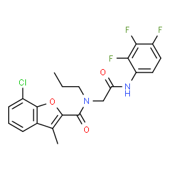 ChemSpider 2D Image | 7-Chloro-3-methyl-N-{2-oxo-2-[(2,3,4-trifluorophenyl)amino]ethyl}-N-propyl-1-benzofuran-2-carboxamide | C21H18ClF3N2O3