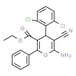 ChemSpider 2D Image | Ethyl 6-amino-5-cyano-4-(2,6-dichlorophenyl)-2-phenyl-4H-pyran-3-carboxylate | C21H16Cl2N2O3