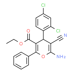 ChemSpider 2D Image | Ethyl 6-amino-5-cyano-4-(2,4-dichlorophenyl)-2-phenyl-4H-pyran-3-carboxylate | C21H16Cl2N2O3