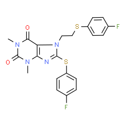 ChemSpider 2D Image | 8-[(4-Fluorophenyl)sulfanyl]-7-{2-[(4-fluorophenyl)sulfanyl]ethyl}-1,3-dimethyl-3,7-dihydro-1H-purine-2,6-dione | C21H18F2N4O2S2