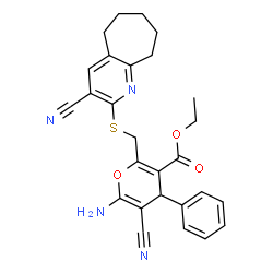 ChemSpider 2D Image | Ethyl 6-amino-5-cyano-2-{[(3-cyano-6,7,8,9-tetrahydro-5H-cyclohepta[b]pyridin-2-yl)sulfanyl]methyl}-4-phenyl-4H-pyran-3-carboxylate | C27H26N4O3S