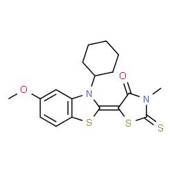 ChemSpider 2D Image | (5Z)-5-(3-Cyclohexyl-5-methoxy-1,3-benzothiazol-2(3H)-ylidene)-3-methyl-2-thioxo-1,3-thiazolidin-4-one | C18H20N2O2S3