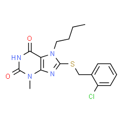ChemSpider 2D Image | 7-Butyl-8-[(2-chlorobenzyl)sulfanyl]-3-methyl-3,7-dihydro-1H-purine-2,6-dione | C17H19ClN4O2S