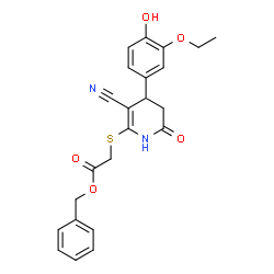 ChemSpider 2D Image | Benzyl {[3-cyano-4-(3-ethoxy-4-hydroxyphenyl)-6-oxo-1,4,5,6-tetrahydro-2-pyridinyl]sulfanyl}acetate | C23H22N2O5S