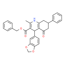 ChemSpider 2D Image | Benzyl 4-(1,3-benzodioxol-5-yl)-2-methyl-5-oxo-7-phenyl-1,4,5,6,7,8-hexahydro-3-quinolinecarboxylate | C31H27NO5