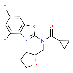 ChemSpider 2D Image | N-(4,6-Difluoro-1,3-benzothiazol-2-yl)-N-(tetrahydro-2-furanylmethyl)cyclopropanecarboxamide | C16H16F2N2O2S