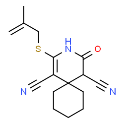 ChemSpider 2D Image | 2-[(2-Methyl-2-propen-1-yl)sulfanyl]-4-oxo-3-azaspiro[5.5]undec-1-ene-1,5-dicarbonitrile | C16H19N3OS