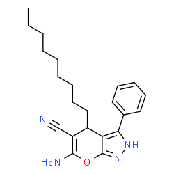ChemSpider 2D Image | 6-Amino-4-nonyl-3-phenyl-2,4-dihydropyrano[2,3-c]pyrazole-5-carbonitrile | C22H28N4O