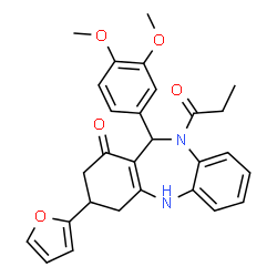 ChemSpider 2D Image | 11-(3,4-Dimethoxyphenyl)-3-(2-furyl)-10-propionyl-2,3,4,5,10,11-hexahydro-1H-dibenzo[b,e][1,4]diazepin-1-one | C28H28N2O5
