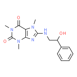 ChemSpider 2D Image | 8-[(2-Hydroxy-2-phenylethyl)amino]-1,3,7-trimethyl-3,7-dihydro-1H-purine-2,6-dione | C16H19N5O3