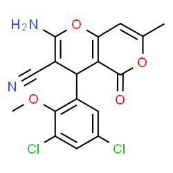 ChemSpider 2D Image | 2-Amino-4-(3,5-dichloro-2-methoxyphenyl)-7-methyl-5-oxo-4H,5H-pyrano[4,3-b]pyran-3-carbonitrile | C17H12Cl2N2O4