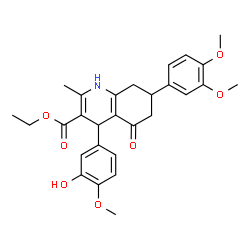 ChemSpider 2D Image | Ethyl 7-(3,4-dimethoxyphenyl)-4-(3-hydroxy-4-methoxyphenyl)-2-methyl-5-oxo-1,4,5,6,7,8-hexahydro-3-quinolinecarboxylate | C28H31NO7