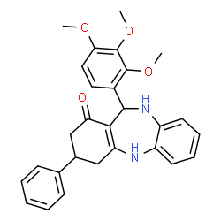ChemSpider 2D Image | 3-Phenyl-11-(2,3,4-trimethoxyphenyl)-2,3,4,5,10,11-hexahydro-1H-dibenzo[b,e][1,4]diazepin-1-one | C28H28N2O4