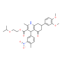 ChemSpider 2D Image | 2-Isopropoxyethyl 7-(3,4-dimethoxyphenyl)-2-methyl-4-(4-methyl-3-nitrophenyl)-5-oxo-1,4,5,6,7,8-hexahydro-3-quinolinecarboxylate | C31H36N2O8