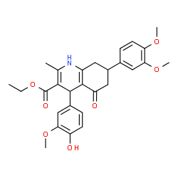 ChemSpider 2D Image | Ethyl 7-(3,4-dimethoxyphenyl)-4-(4-hydroxy-3-methoxyphenyl)-2-methyl-5-oxo-1,4,5,6,7,8-hexahydro-3-quinolinecarboxylate | C28H31NO7