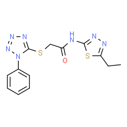 ChemSpider 2D Image | N-(5-Ethyl-1,3,4-thiadiazol-2-yl)-2-[(1-phenyl-1H-tetrazol-5-yl)sulfanyl]acetamide | C13H13N7OS2