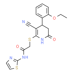 ChemSpider 2D Image | 2-{[3-Cyano-4-(2-ethoxyphenyl)-6-oxo-1,4,5,6-tetrahydro-2-pyridinyl]sulfanyl}-N-(1,3-thiazol-2-yl)acetamide | C19H18N4O3S2