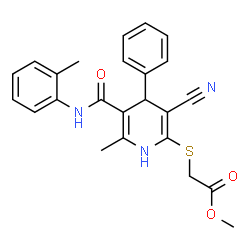 ChemSpider 2D Image | Methyl ({3-cyano-6-methyl-5-[(2-methylphenyl)carbamoyl]-4-phenyl-1,4-dihydro-2-pyridinyl}sulfanyl)acetate | C24H23N3O3S