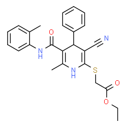 ChemSpider 2D Image | Ethyl ({3-cyano-6-methyl-5-[(2-methylphenyl)carbamoyl]-4-phenyl-1,4-dihydro-2-pyridinyl}sulfanyl)acetate | C25H25N3O3S