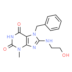ChemSpider 2D Image | 7-Benzyl-8-[(2-hydroxyethyl)amino]-3-methyl-3,7-dihydro-1H-purine-2,6-dione | C15H17N5O3