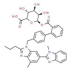 ChemSpider 2D Image | (5xi)-1-O-({4'-[(1,7'-Dimethyl-2'-propyl-1H,3'H-2,5'-bibenzimidazol-3'-yl)methyl]-2-biphenylyl}carbonyl)-beta-L-lyxo-hexopyranuronic acid | C39H38N4O8