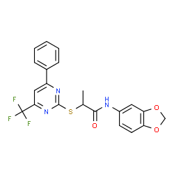 ChemSpider 2D Image | N-(1,3-Benzodioxol-5-yl)-2-{[4-phenyl-6-(trifluoromethyl)-2-pyrimidinyl]sulfanyl}propanamide | C21H16F3N3O3S