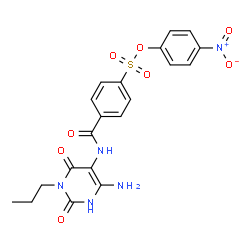 ChemSpider 2D Image | 4-Nitrophenyl 4-[(6-amino-2,4-dioxo-3-propyl-1,2,3,4-tetrahydro-5-pyrimidinyl)carbamoyl]benzenesulfonate | C20H19N5O8S