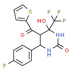 ChemSpider 2D Image | 6-(4-Fluorophenyl)-4-hydroxy-5-(2-thienylcarbonyl)-4-(trifluoromethyl)tetrahydro-2(1H)-pyrimidinone | C16H12F4N2O3S