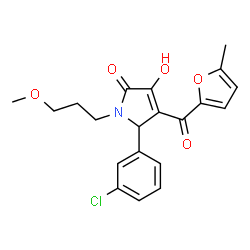 ChemSpider 2D Image | 5-(3-Chlorophenyl)-3-hydroxy-1-(3-methoxypropyl)-4-(5-methyl-2-furoyl)-1,5-dihydro-2H-pyrrol-2-one | C20H20ClNO5