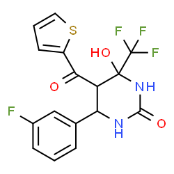 ChemSpider 2D Image | 6-(3-Fluorophenyl)-4-hydroxy-5-(2-thienylcarbonyl)-4-(trifluoromethyl)tetrahydro-2(1H)-pyrimidinone | C16H12F4N2O3S