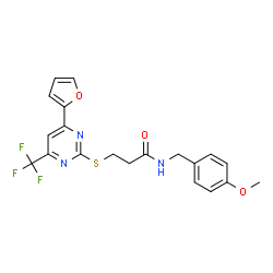 ChemSpider 2D Image | 3-{[4-(2-Furyl)-6-(trifluoromethyl)-2-pyrimidinyl]sulfanyl}-N-(4-methoxybenzyl)propanamide | C20H18F3N3O3S
