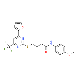 ChemSpider 2D Image | 4-{[4-(2-Furyl)-6-(trifluoromethyl)-2-pyrimidinyl]sulfanyl}-N-(4-methoxyphenyl)butanamide | C20H18F3N3O3S