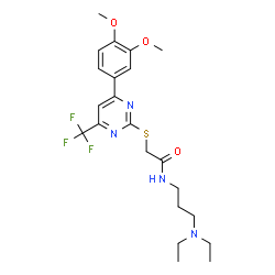 ChemSpider 2D Image | N-[3-(Diethylamino)propyl]-2-{[4-(3,4-dimethoxyphenyl)-6-(trifluoromethyl)-2-pyrimidinyl]sulfanyl}acetamide | C22H29F3N4O3S