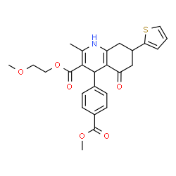 ChemSpider 2D Image | 2-Methoxyethyl 4-[4-(methoxycarbonyl)phenyl]-2-methyl-5-oxo-7-(2-thienyl)-1,4,5,6,7,8-hexahydro-3-quinolinecarboxylate | C26H27NO6S