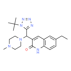 ChemSpider 2D Image | 6-Ethyl-3-{(4-methyl-1-piperazinyl)[1-(2-methyl-2-propanyl)-1H-tetrazol-5-yl]methyl}-2(1H)-quinolinone | C22H31N7O