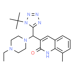 ChemSpider 2D Image | 3-{(4-Ethyl-1-piperazinyl)[1-(2-methyl-2-propanyl)-1H-tetrazol-5-yl]methyl}-8-methyl-2(1H)-quinolinone | C22H31N7O