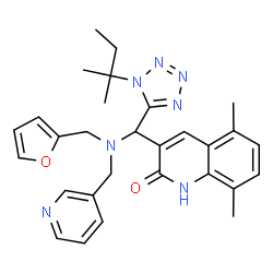 ChemSpider 2D Image | 3-{[(2-Furylmethyl)(3-pyridinylmethyl)amino][1-(2-methyl-2-butanyl)-1H-tetrazol-5-yl]methyl}-5,8-dimethyl-2(1H)-quinolinone | C29H33N7O2