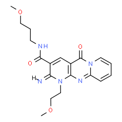 ChemSpider 2D Image | (2E)-2-Imino-1-(2-methoxyethyl)-N-(3-methoxypropyl)-5-oxo-1,5-dihydro-2H-dipyrido[1,2-a:2',3'-d]pyrimidine-3-carboxamide | C19H23N5O4