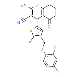 ChemSpider 2D Image | 2-Amino-4-{4-[(2-chloro-4-fluorophenoxy)methyl]-5-methyl-2-thienyl}-5-oxo-5,6,7,8-tetrahydro-4H-chromene-3-carbonitrile | C22H18ClFN2O3S