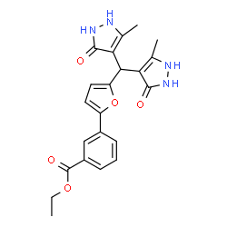 ChemSpider 2D Image | Ethyl 3-{5-[bis(5-methyl-3-oxo-2,3-dihydro-1H-pyrazol-4-yl)methyl]-2-furyl}benzoate | C22H22N4O5