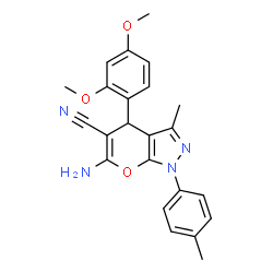 ChemSpider 2D Image | 6-Amino-4-(2,4-dimethoxyphenyl)-3-methyl-1-(4-methylphenyl)-1,4-dihydropyrano[2,3-c]pyrazole-5-carbonitrile | C23H22N4O3