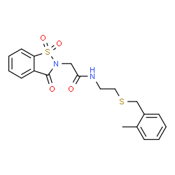 ChemSpider 2D Image | 2-(1,1-Dioxido-3-oxo-1,2-benzothiazol-2(3H)-yl)-N-{2-[(2-methylbenzyl)sulfanyl]ethyl}acetamide | C19H20N2O4S2