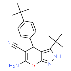 ChemSpider 2D Image | 6-Amino-3-tert-butyl-4-(4-tert-butylphenyl)-2,4-dihydropyrano[2,3-c]pyrazole-5-carbonitrile | C21H26N4O