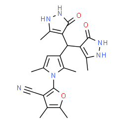ChemSpider 2D Image | 2-{3-[Bis(5-methyl-3-oxo-2,3-dihydro-1H-pyrazol-4-yl)methyl]-2,5-dimethyl-1H-pyrrol-1-yl}-4,5-dimethyl-3-furonitrile | C22H24N6O3