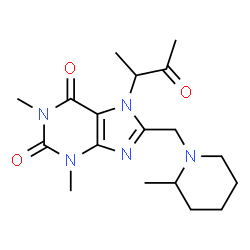 ChemSpider 2D Image | 1,3-Dimethyl-8-[(2-methyl-1-piperidinyl)methyl]-7-(3-oxo-2-butanyl)-3,7-dihydro-1H-purine-2,6-dione | C18H27N5O3