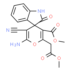 ChemSpider 2D Image | Methyl 6'-amino-5'-cyano-2'-(2-methoxy-2-oxoethyl)-2-oxo-1,2-dihydrospiro[indole-3,4'-pyran]-3'-carboxylate | C18H15N3O6